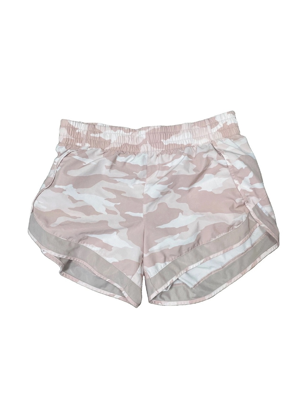Athleta Mesh Racer Run Shorts small Pink Camo 4" Activewear Stretch 446581